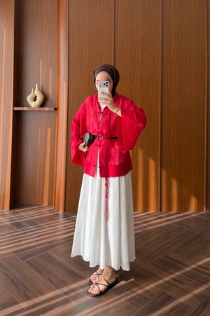 Chinese-Style Tie-Front Blouse with Wide Sleeves — KIRMIZI