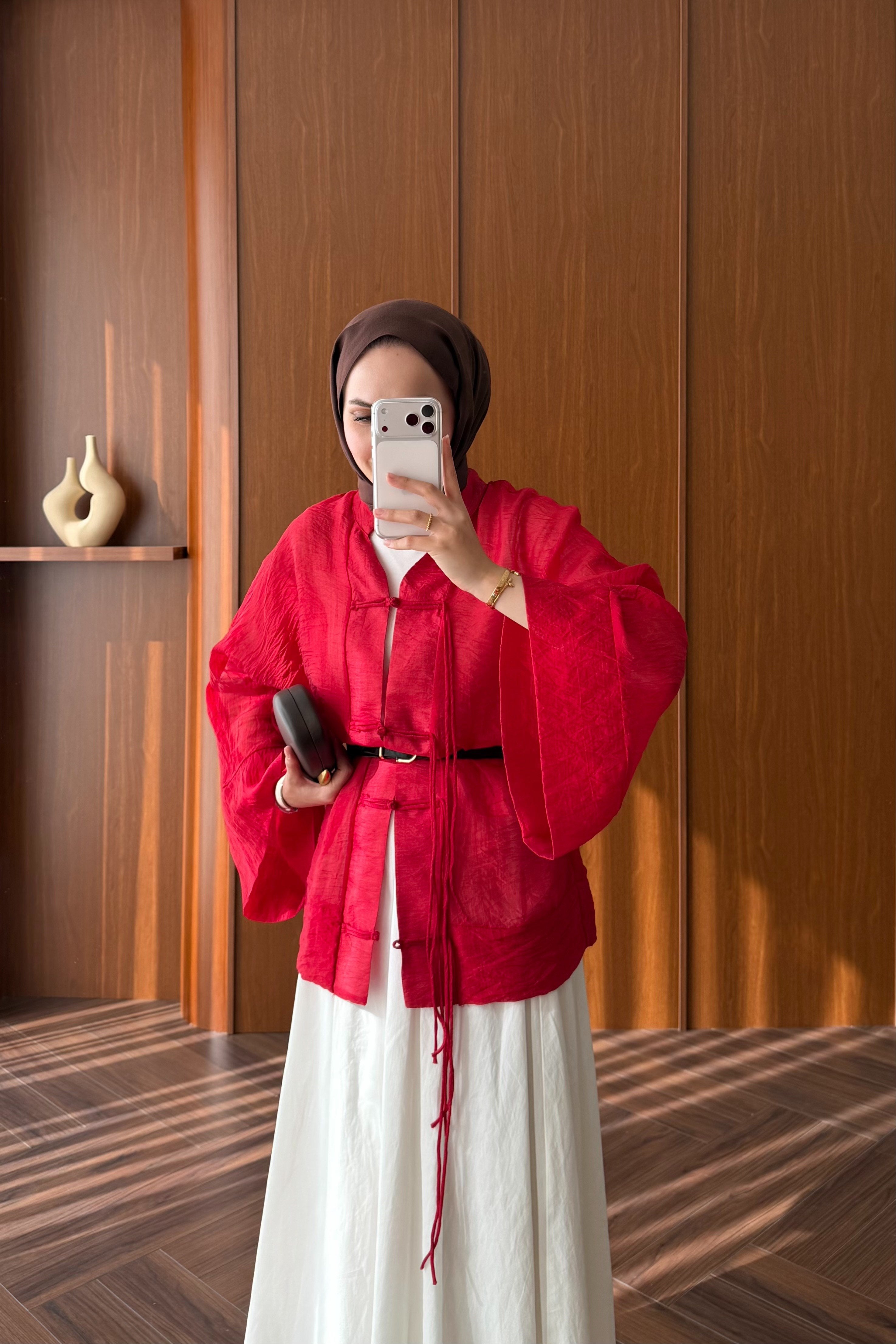 Chinese-Style Tie-Front Blouse with Wide Sleeves — KIRMIZI