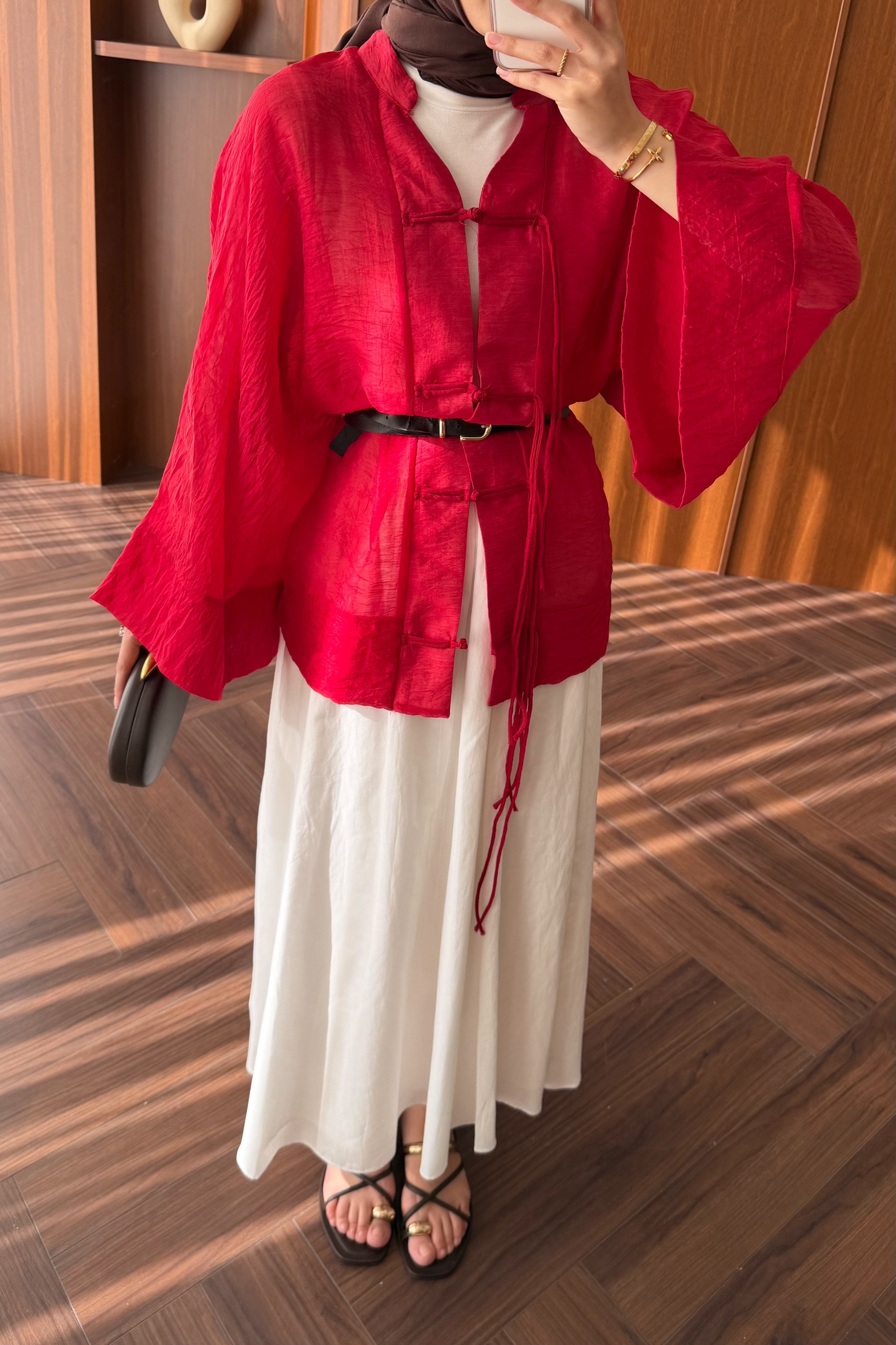 Chinese-Style Tie-Front Blouse with Wide Sleeves — KIRMIZI