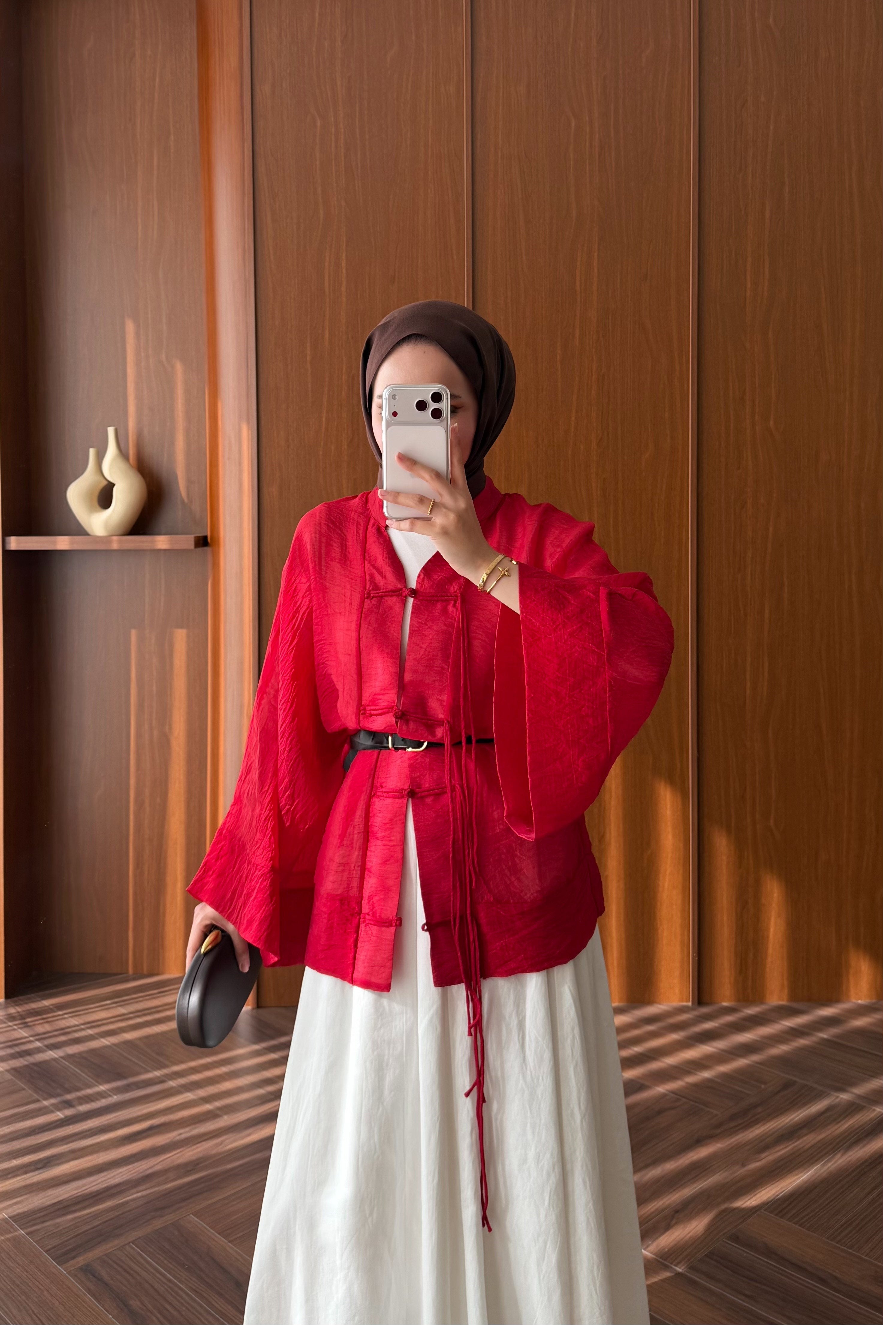 Chinese-Style Tie-Front Blouse with Wide Sleeves — KIRMIZI
