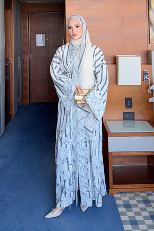 Navy Striped Abaya with Floral Print & Belt