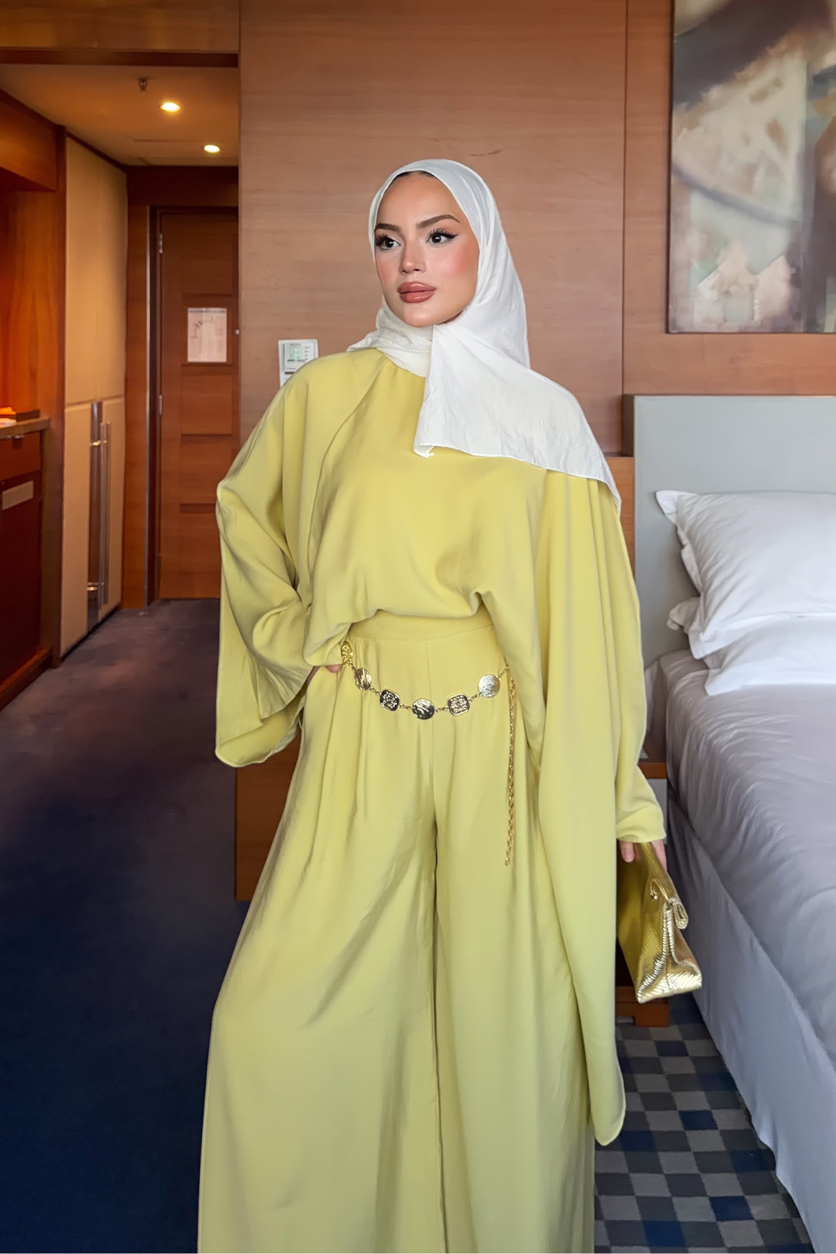 Light Modal Two-Piece Set with Belt and Elastic Trousers — Yag Yesili