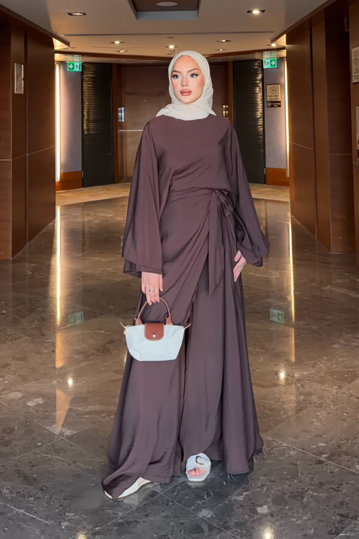 Flowing Tencel Tunic & Wide-Leg Trousers Set — Kahverengi