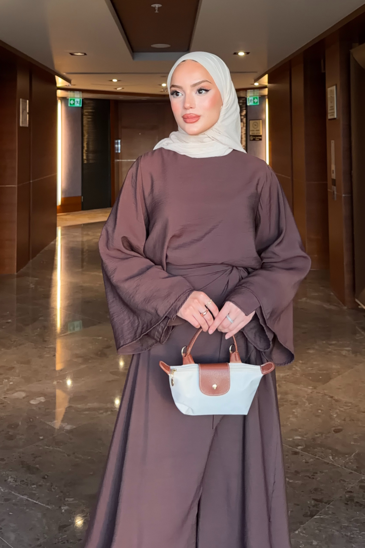Flowing Tencel Tunic & Wide-Leg Trousers Set — Kahverengi