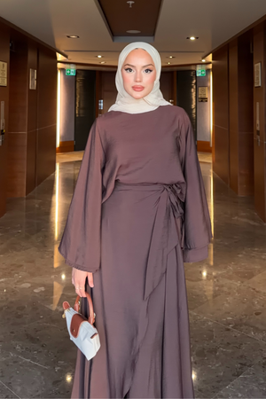 Flowing Tencel Tunic & Wide-Leg Trousers Set — Kahverengi