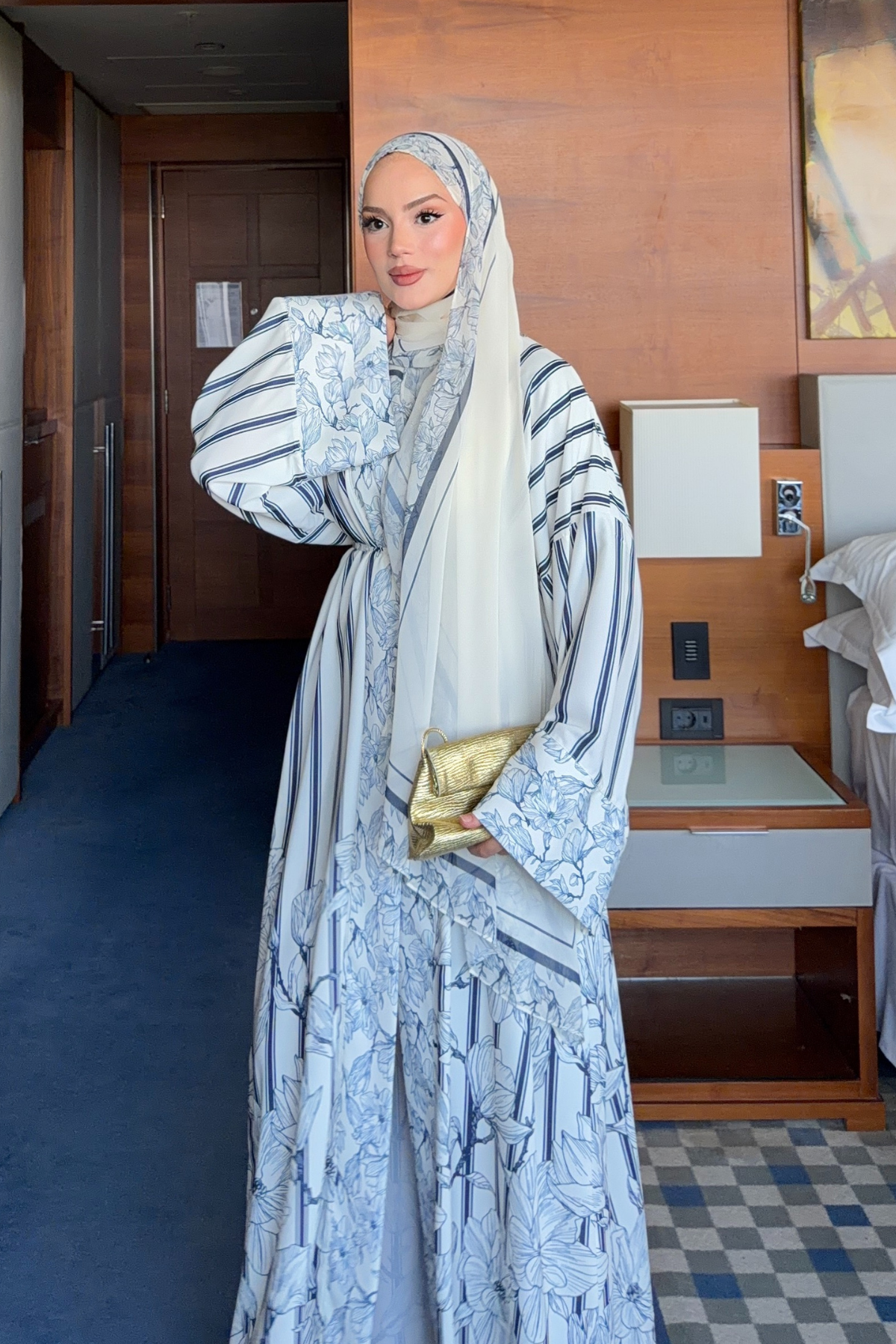 Navy Striped Abaya with Floral Print & Belt