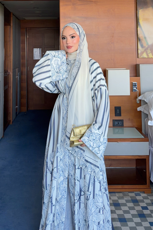 Navy Striped Abaya with Floral Print & Belt