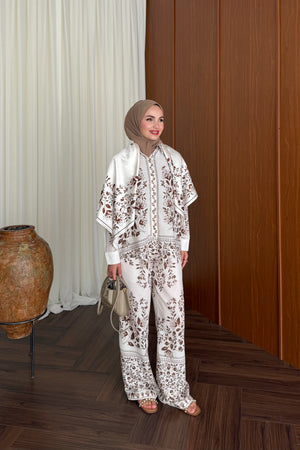 Modest Linen Pants Set with Tunic Top & Detachable Scarf — KAHVE