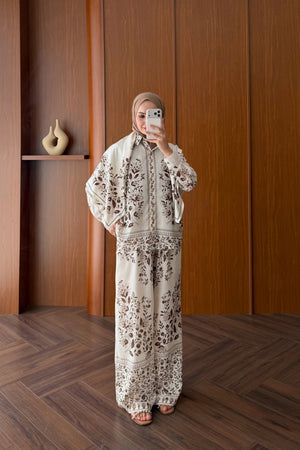 Modest Linen Pants Set with Tunic Top & Detachable Scarf — KAHVE