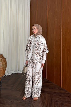 Modest Linen Pants Set with Tunic Top & Detachable Scarf — KAHVE