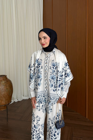 Modest Linen Pants Set with Tunic Top & Detachable Scarf — LACİVERT