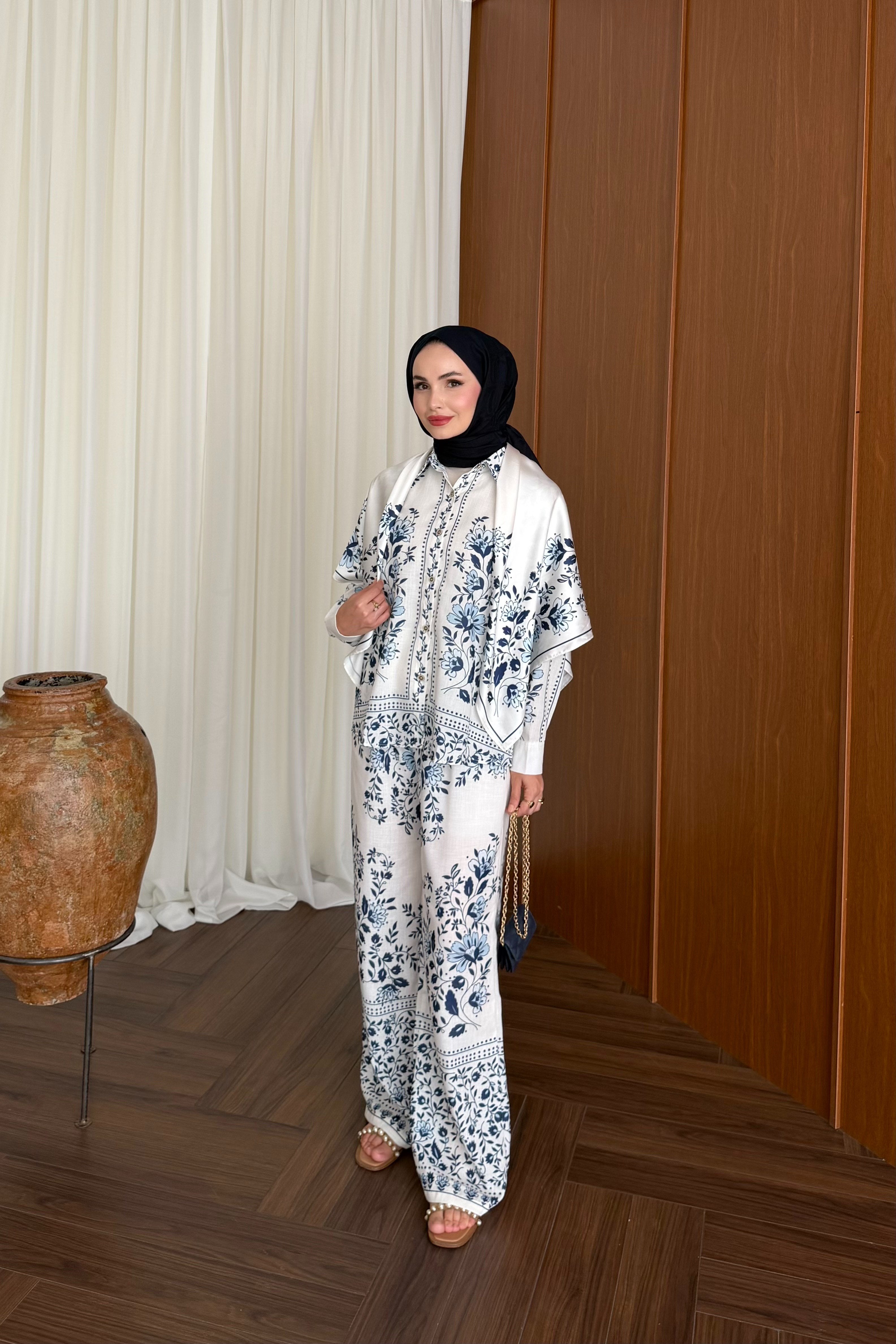 Modest Linen Pants Set with Tunic Top & Detachable Scarf — LACİVERT
