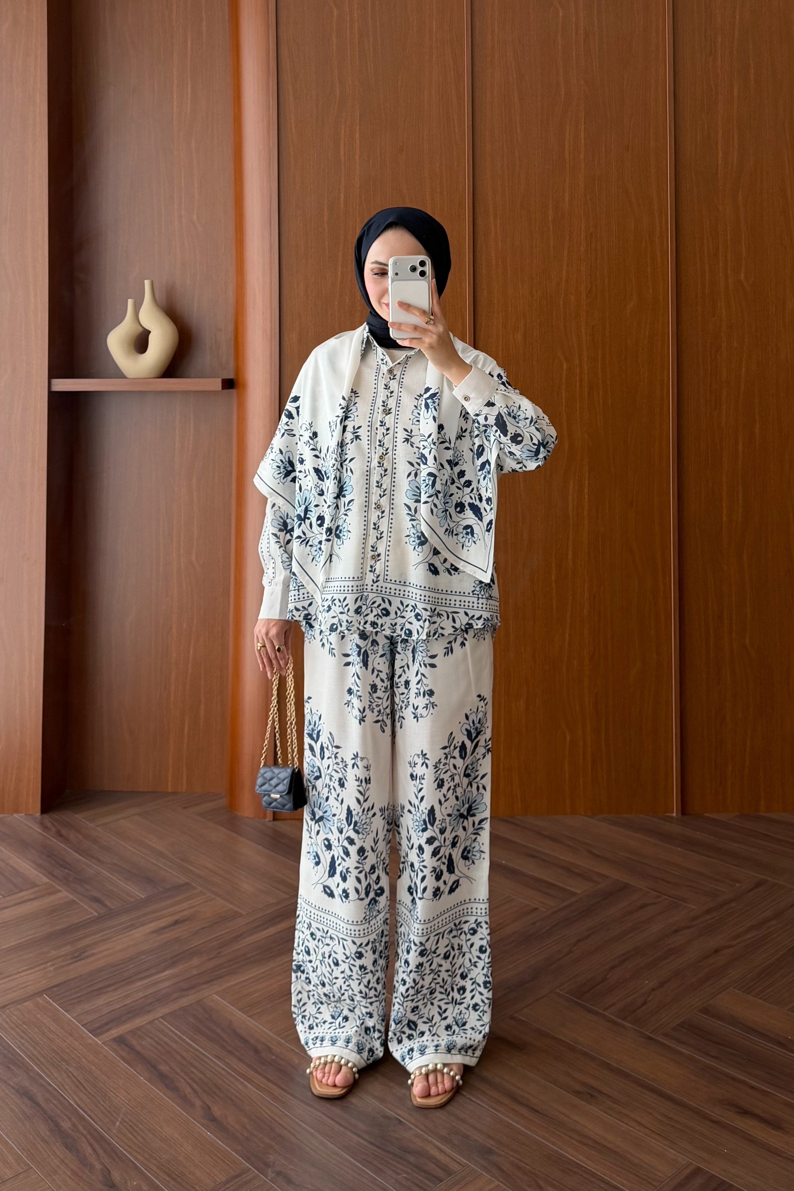 Modest Linen Pants Set with Tunic Top & Detachable Scarf — LACİVERT