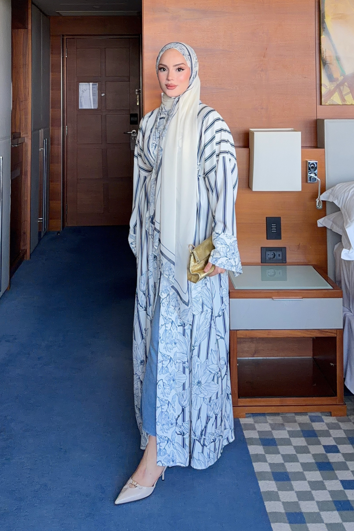 Navy Striped Abaya with Floral Print & Belt