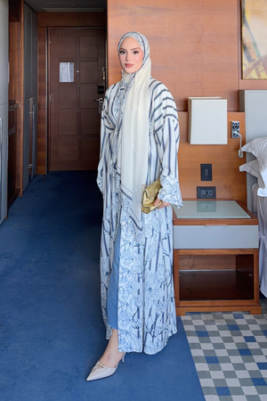 Navy Striped Abaya with Floral Print & Belt