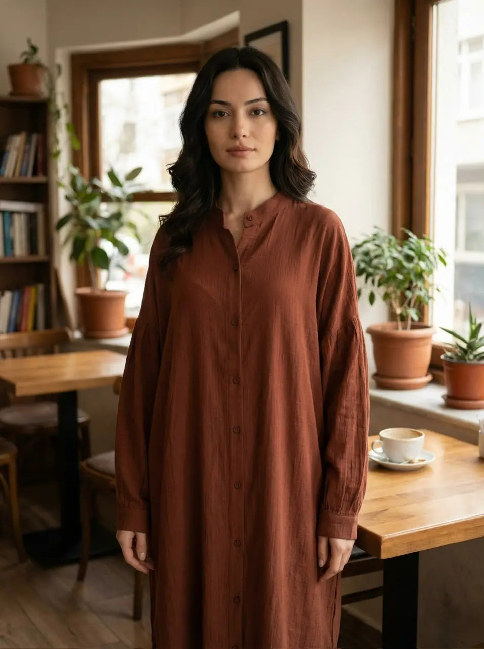 Relaxed Fit Button-Front muslin Dress with Band Collar
