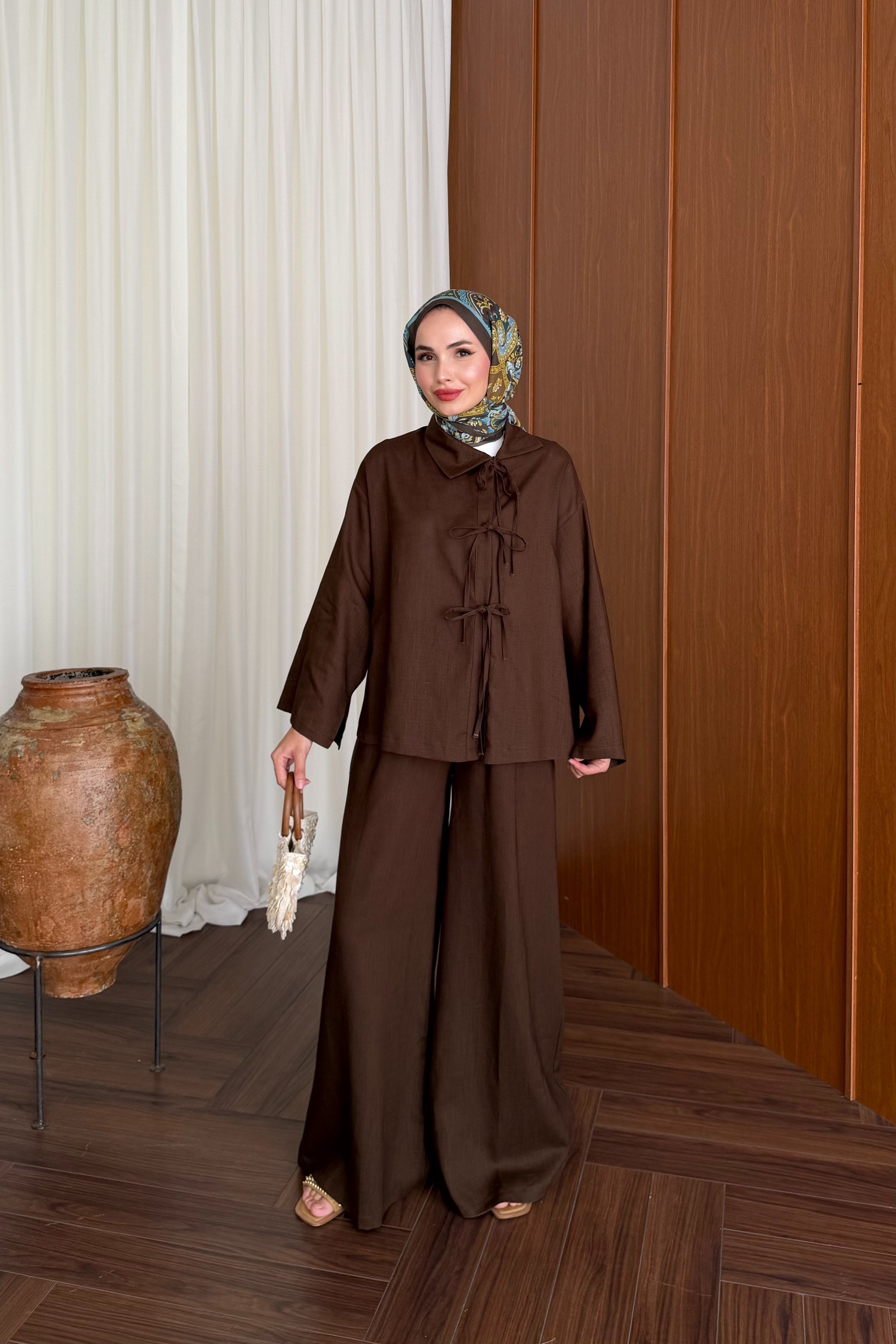 Linen Tunic and Wide-Leg Trousers Set with Front Ties — KAHVE