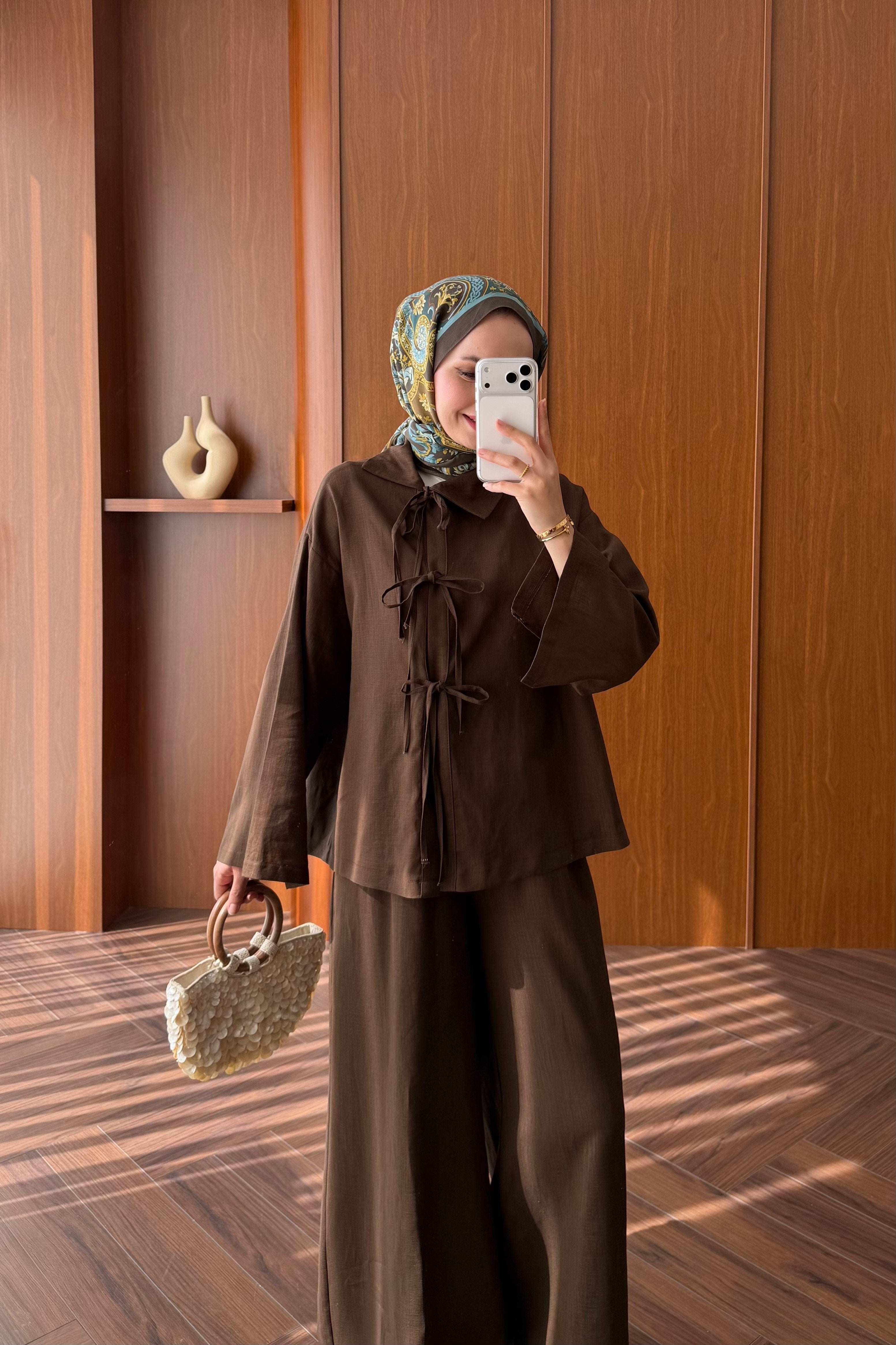 Linen Tunic and Wide-Leg Trousers Set with Front Ties — KAHVE