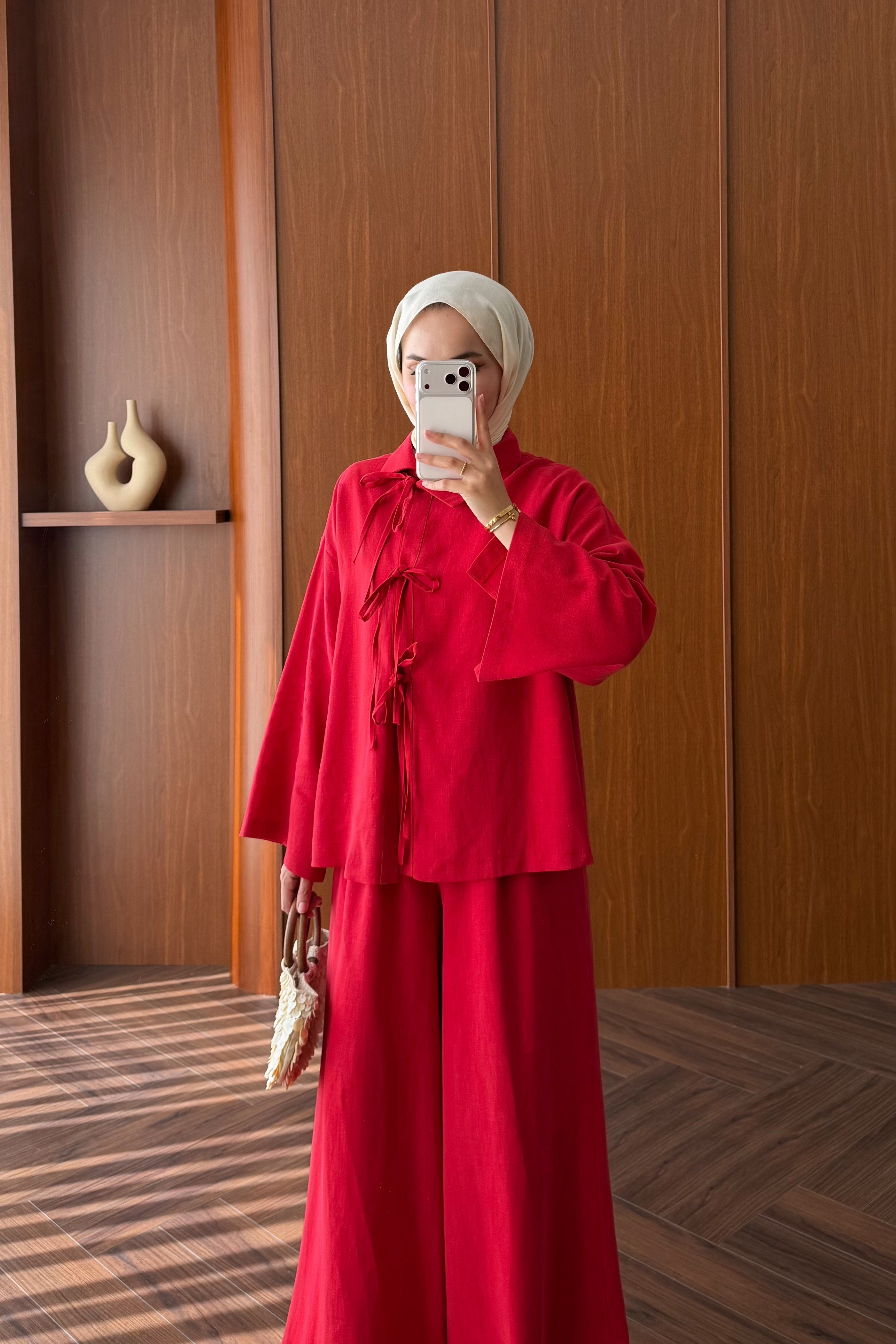 Linen Tunic and Wide-Leg Trousers Set with Front Ties — KIRMIZI