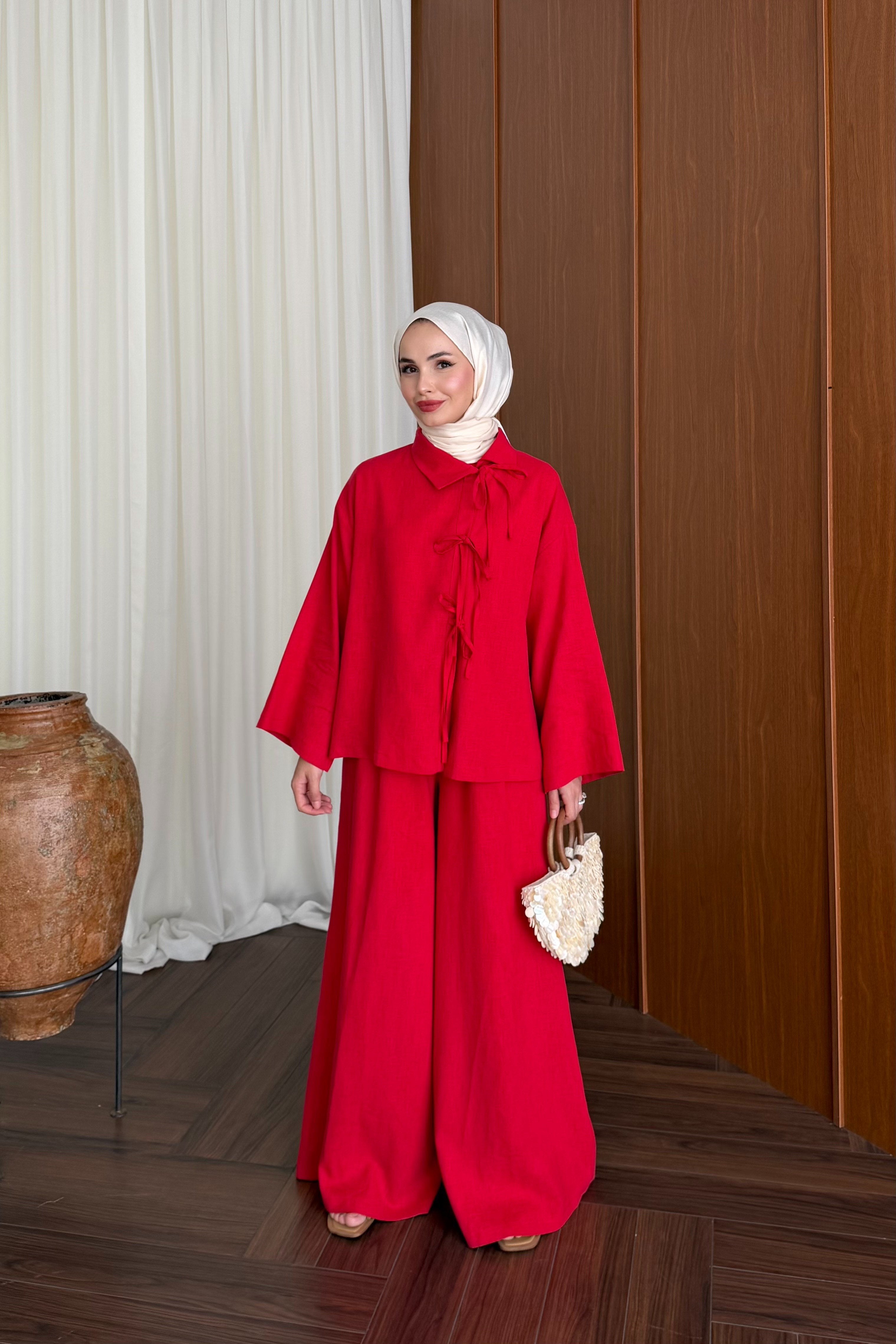 Linen Tunic and Wide-Leg Trousers Set with Front Ties — KIRMIZI