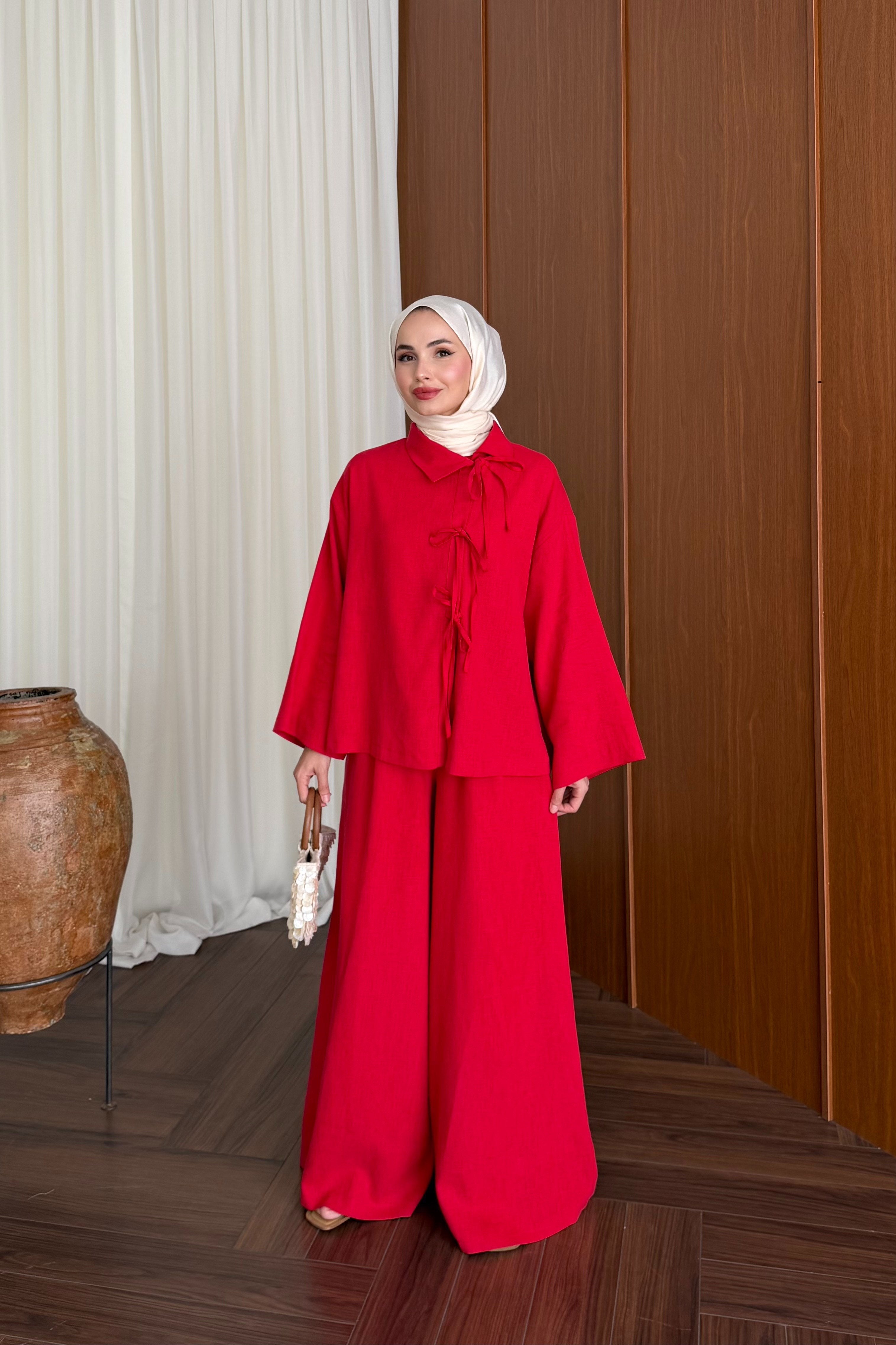 Linen Tunic and Wide-Leg Trousers Set with Front Ties — KIRMIZI