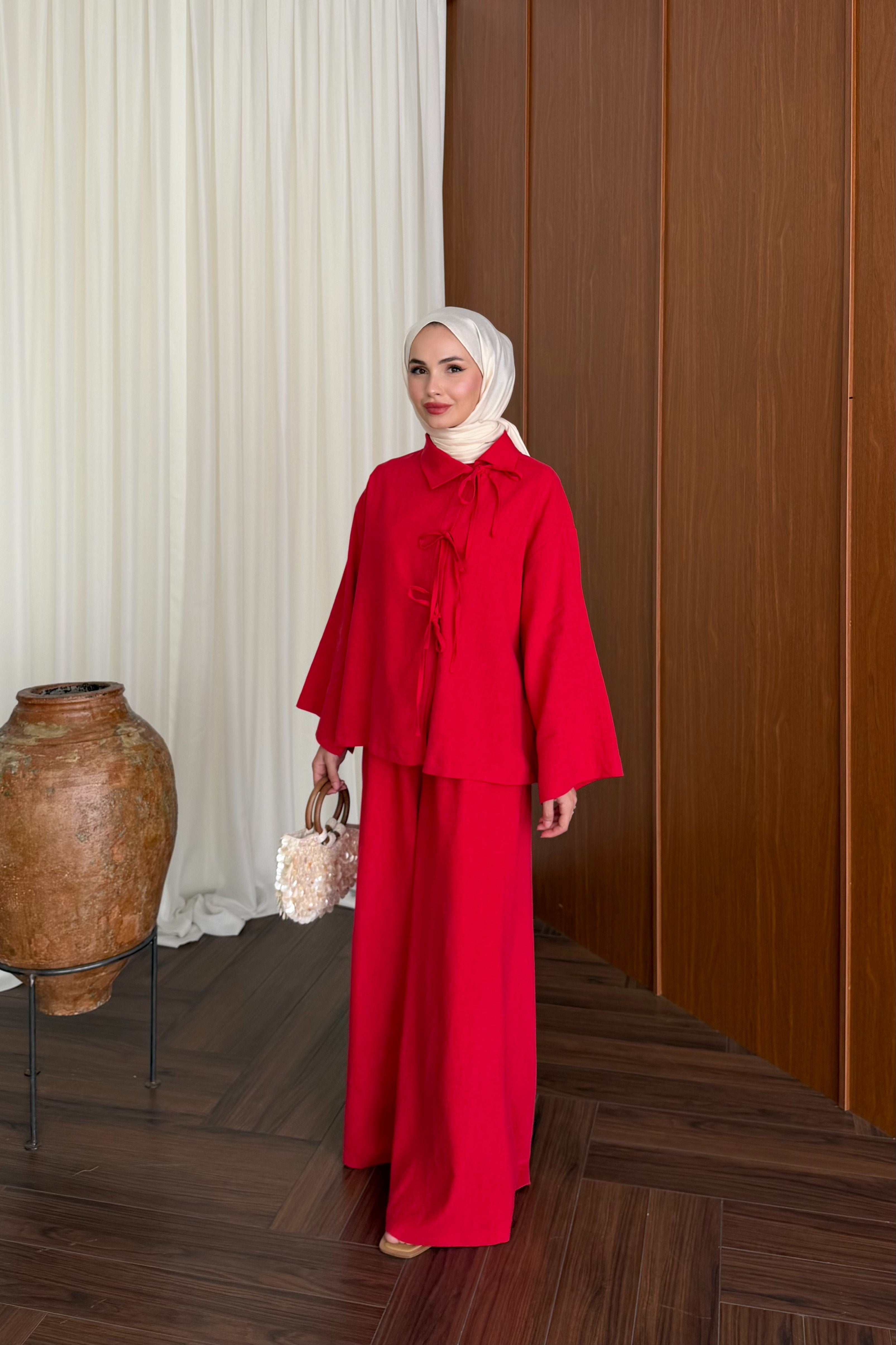 Linen Tunic and Wide-Leg Trousers Set with Front Ties — KIRMIZI