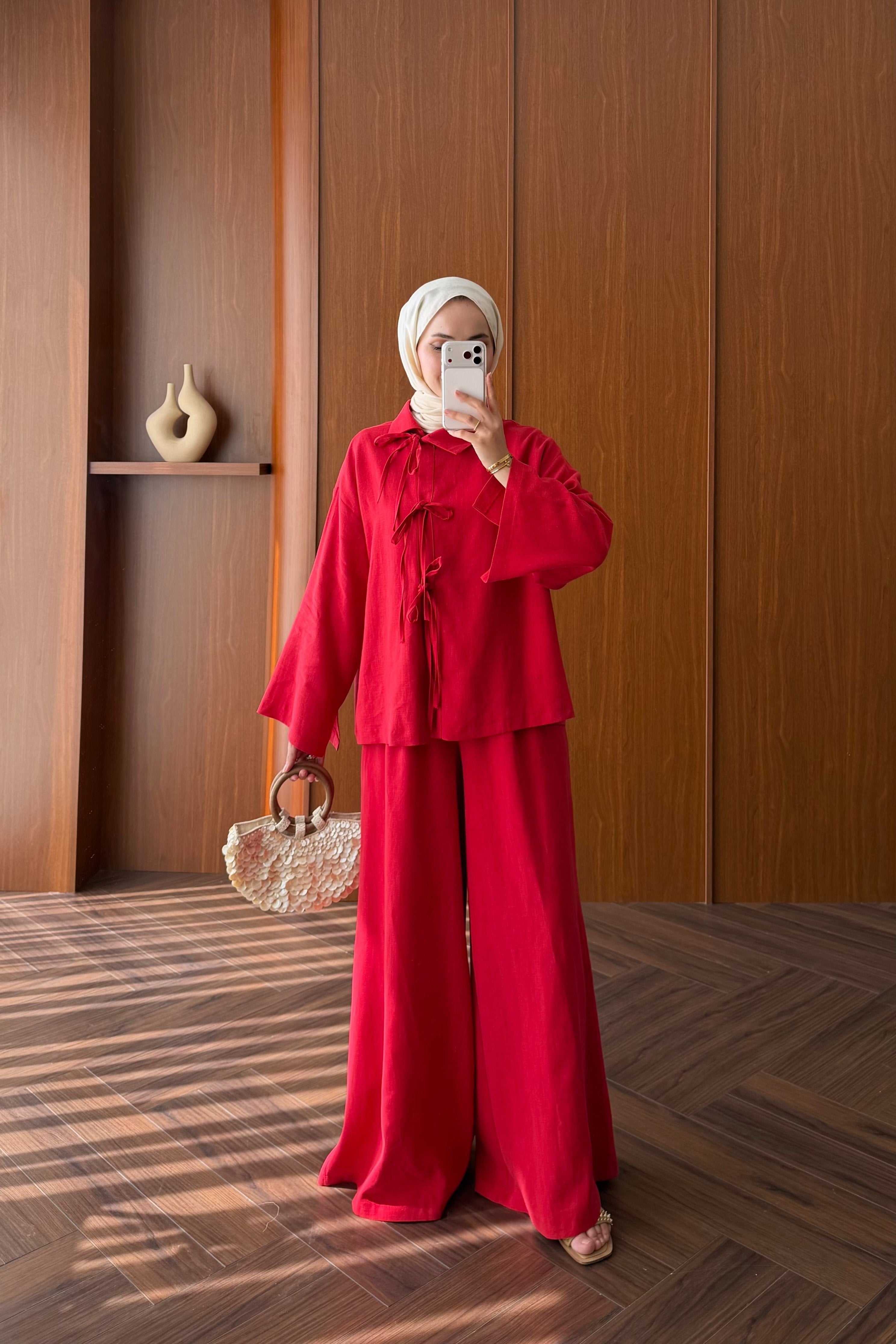 Linen Tunic and Wide-Leg Trousers Set with Front Ties — KIRMIZI