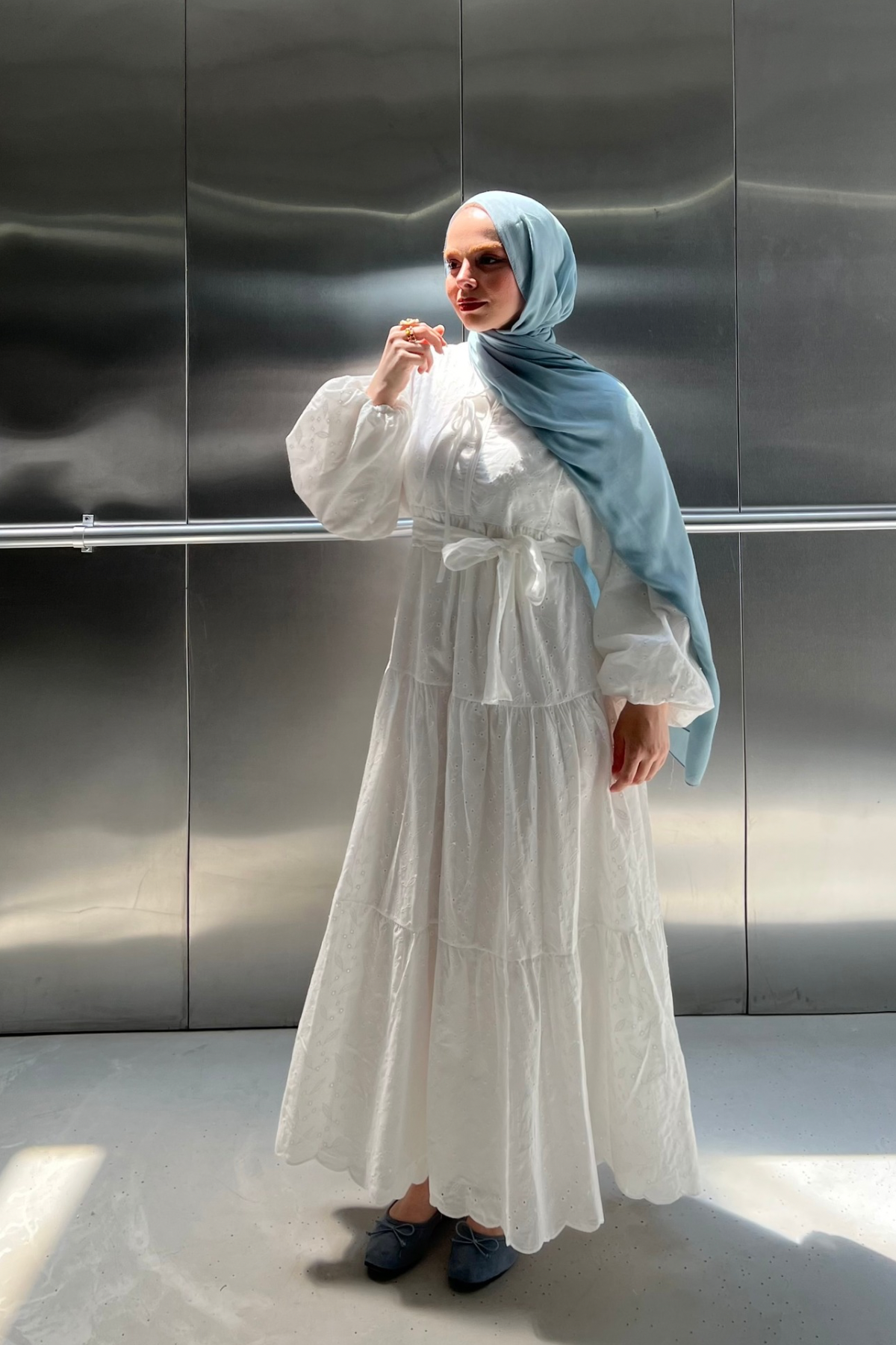 White Eyelet Tiered Maxi Dress with Puff Sleeves