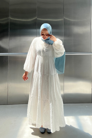 White Eyelet Tiered Maxi Dress with Puff Sleeves