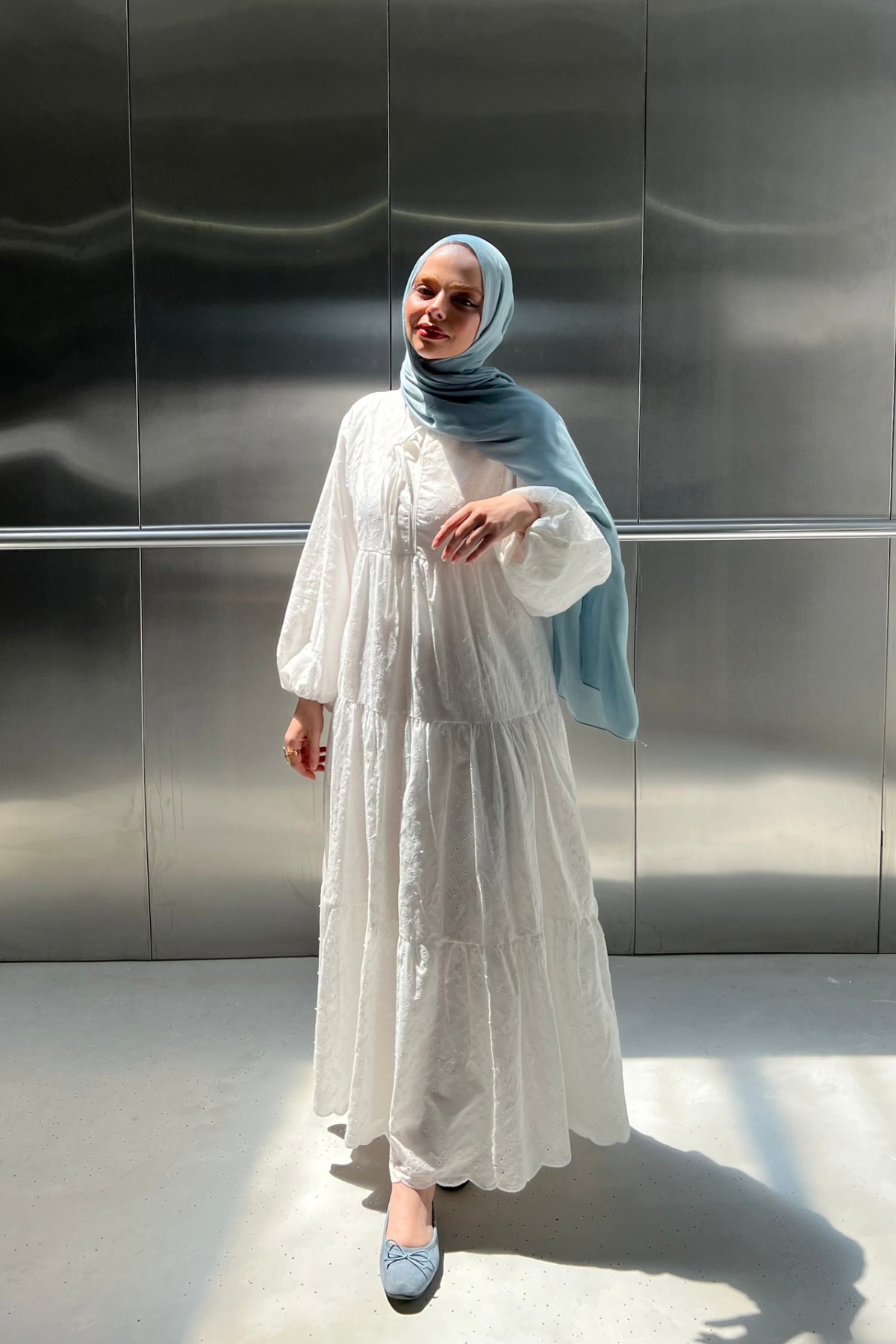 White Eyelet Tiered Maxi Dress with Puff Sleeves