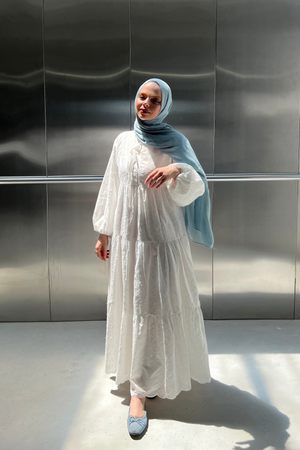 White Eyelet Tiered Maxi Dress with Puff Sleeves