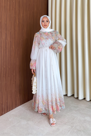 Long Sleeve Patterned Maxi Dress with Belt — Beyaz