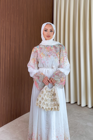 Long Sleeve Patterned Maxi Dress with Belt — Beyaz