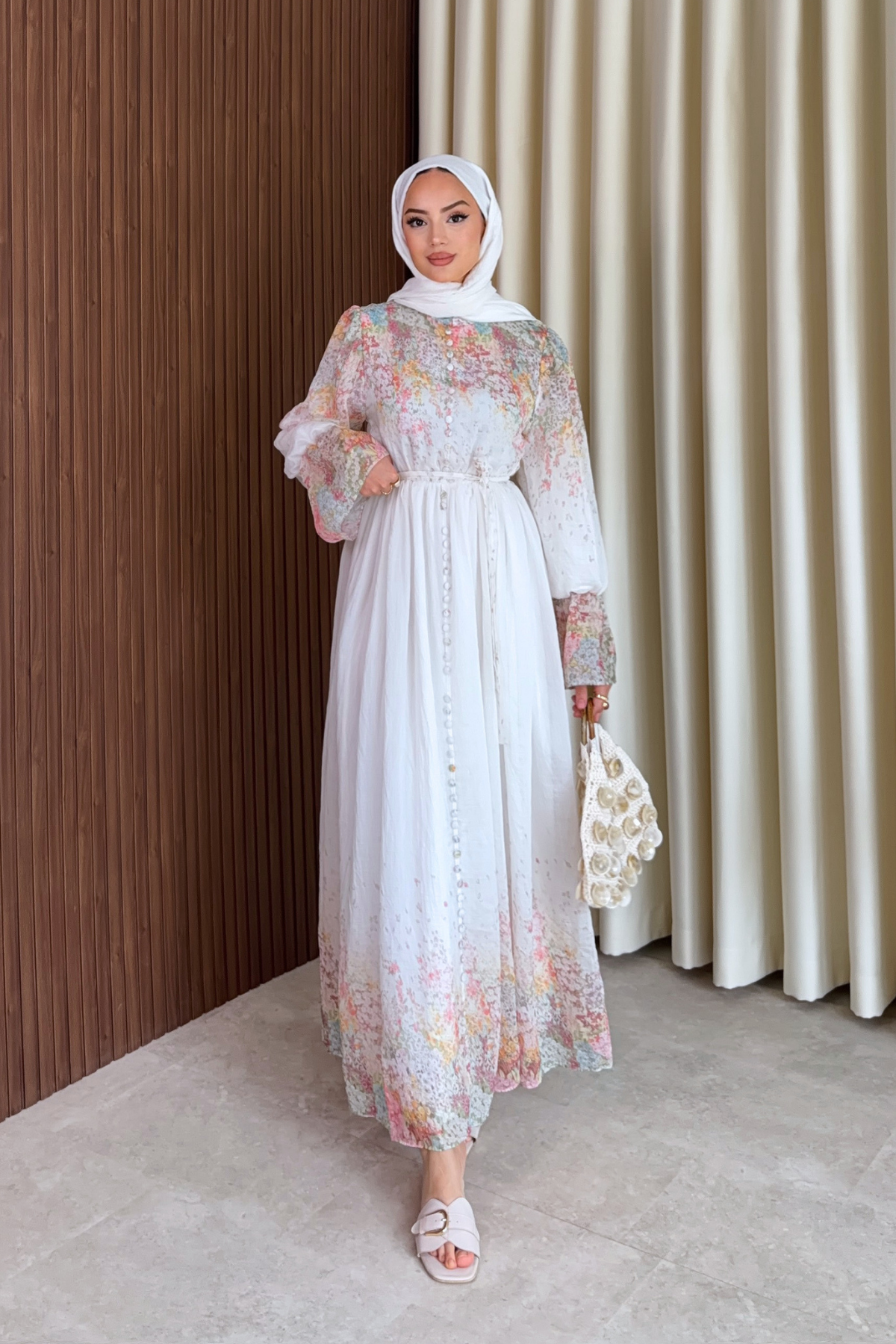 Long Sleeve Patterned Maxi Dress with Belt — Beyaz