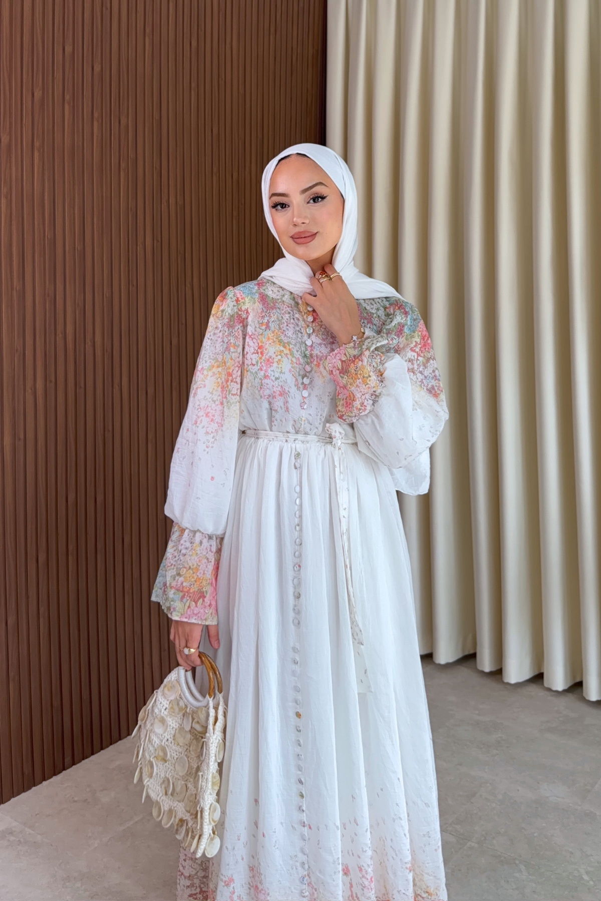 Long Sleeve Patterned Maxi Dress with Belt — Beyaz