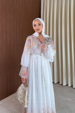 Long Sleeve Patterned Maxi Dress with Belt — Beyaz