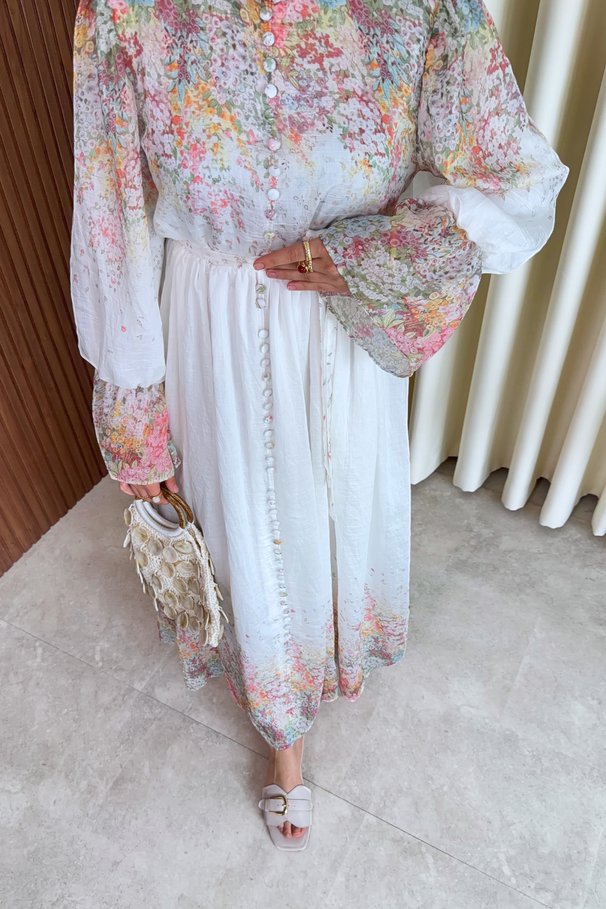 Long Sleeve Patterned Maxi Dress with Belt — Beyaz