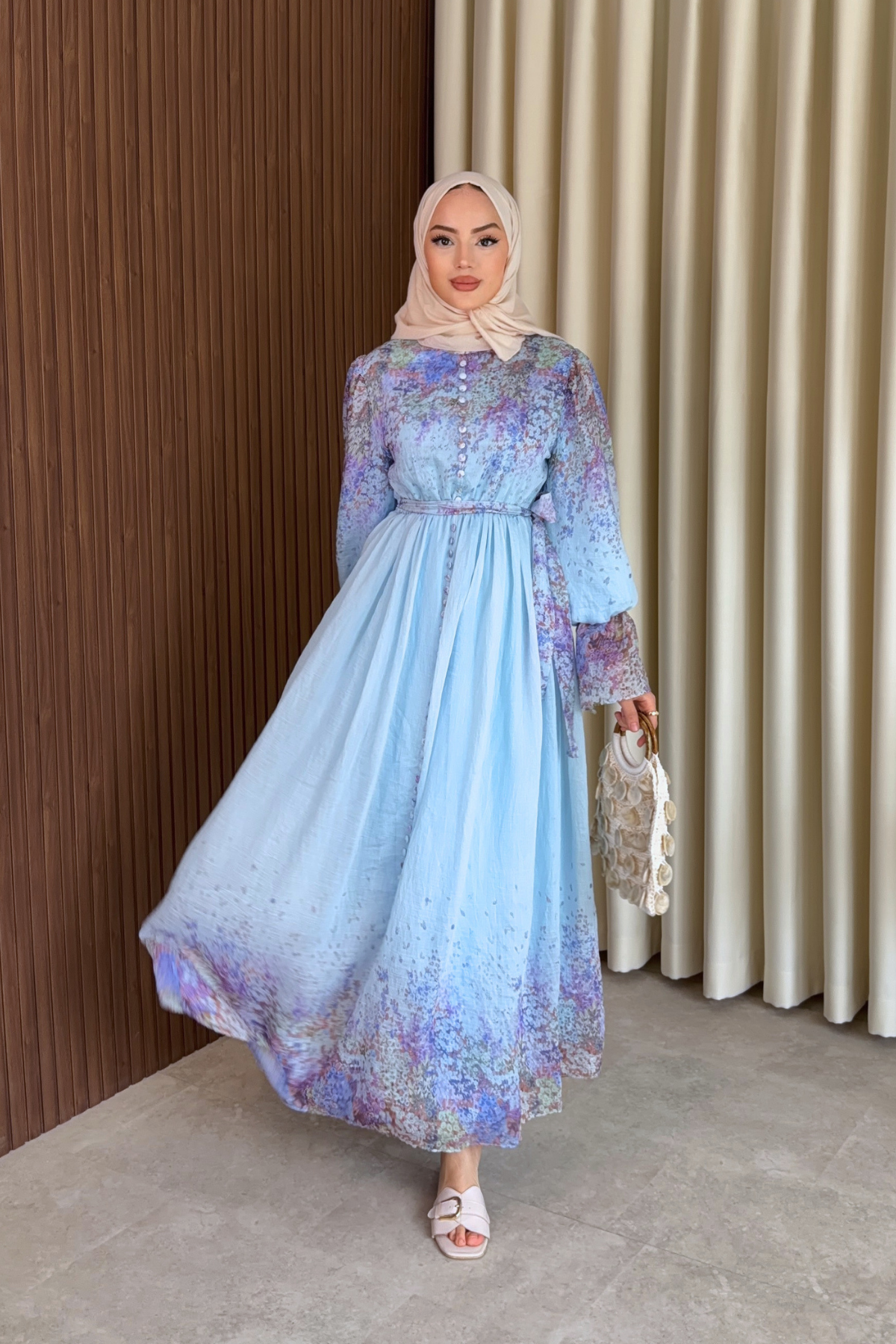 Long Sleeve Patterned Maxi Dress with Belt — Mavi