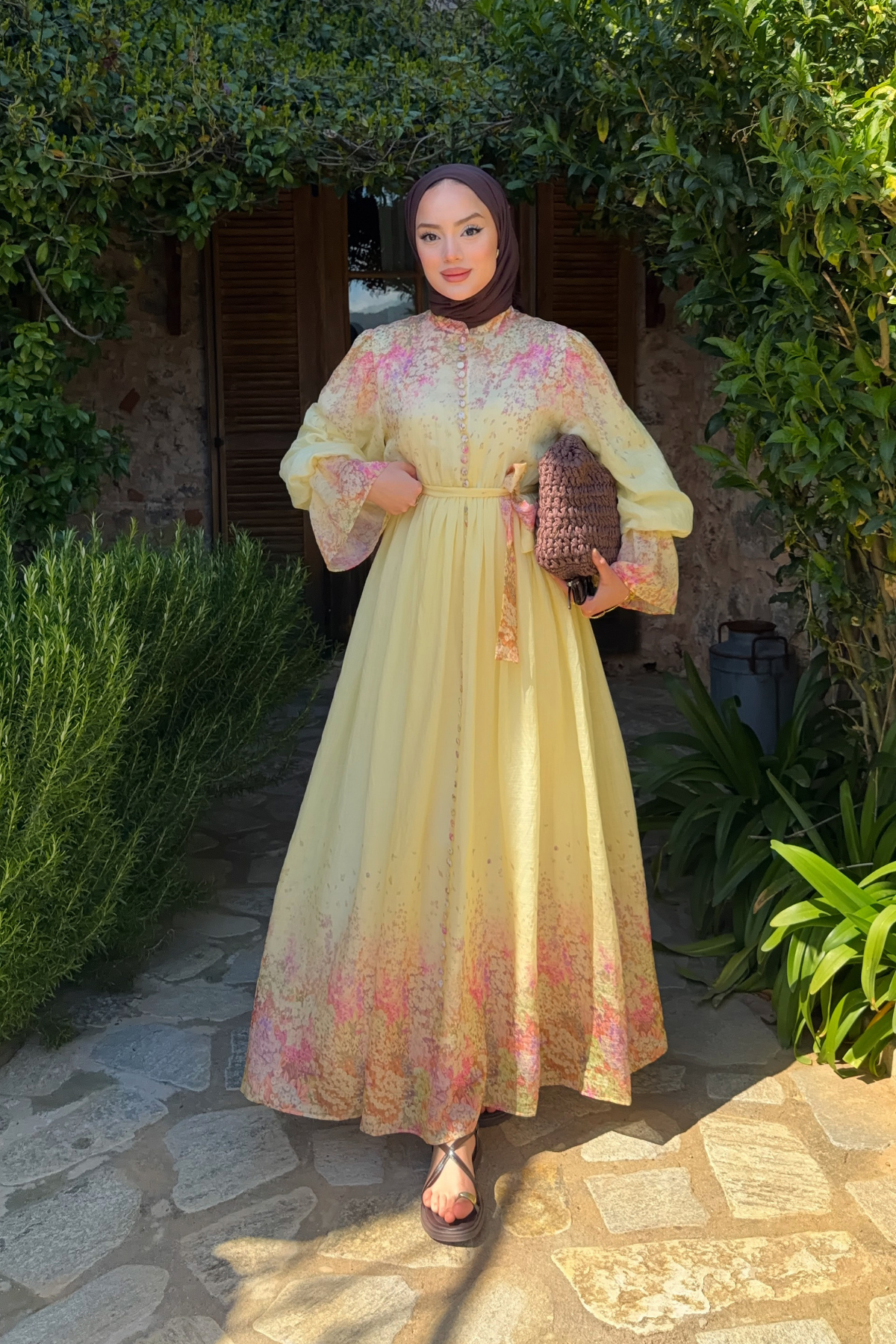 Long Sleeve Patterned Maxi Dress with Belt — Sari