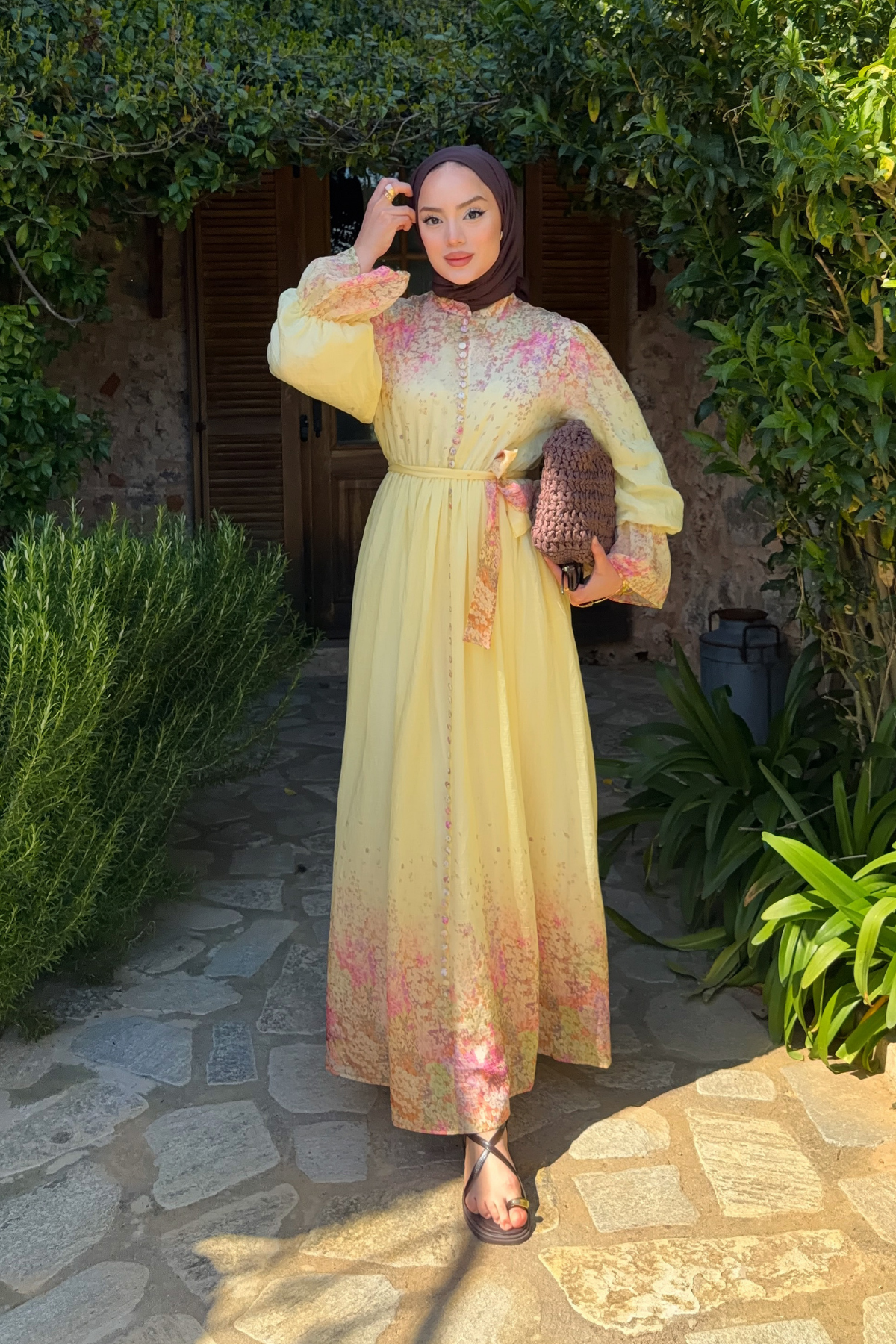 Long Sleeve Patterned Maxi Dress with Belt — Sari