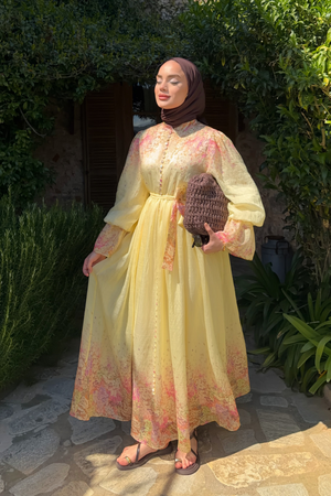 Long Sleeve Patterned Maxi Dress with Belt — Sari