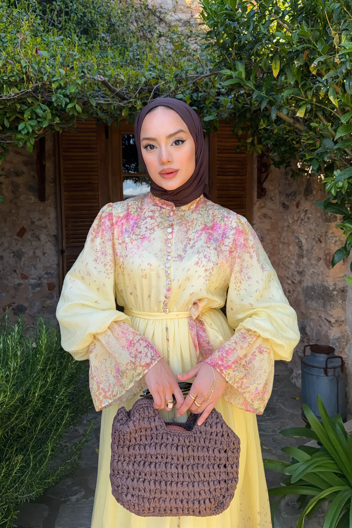 Long Sleeve Patterned Maxi Dress with Belt — Sari