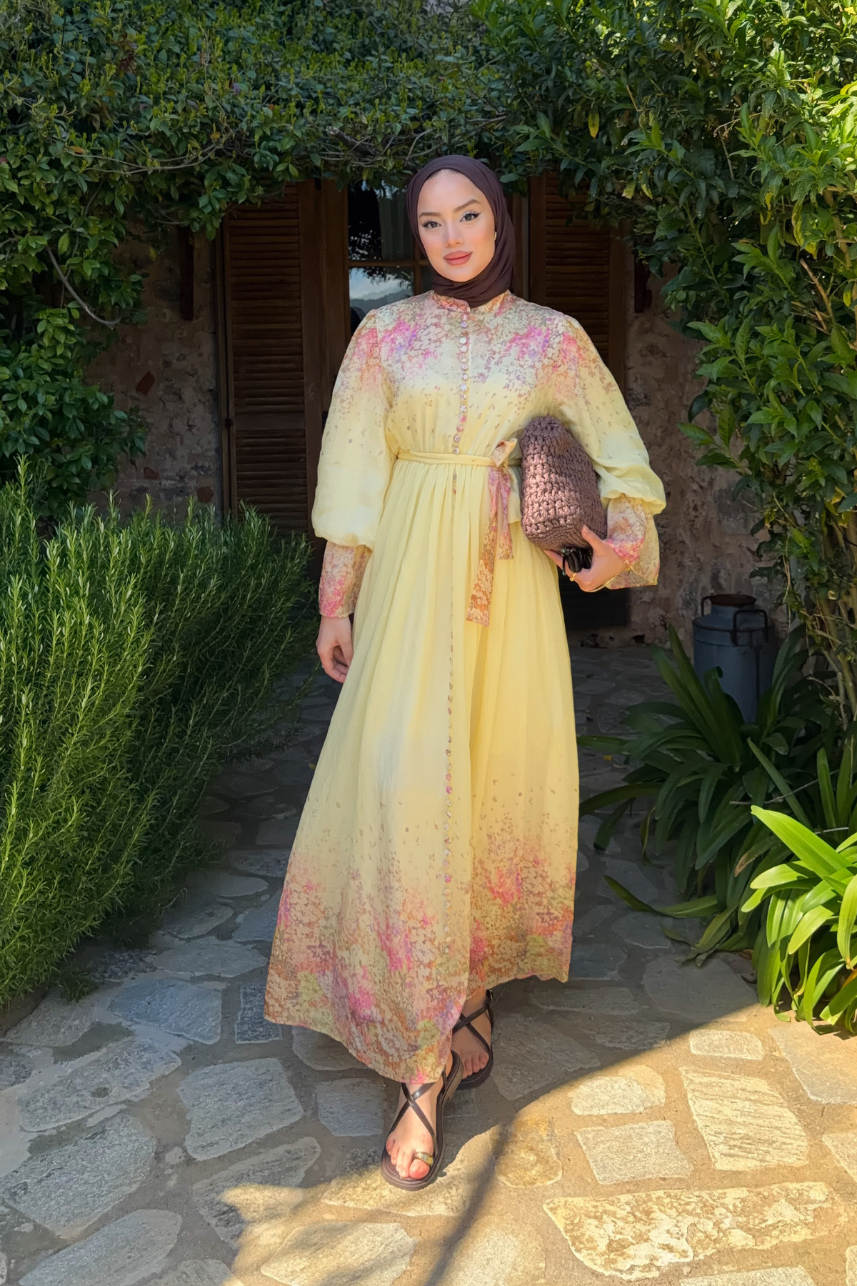Long Sleeve Patterned Maxi Dress with Belt — Sari