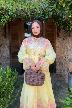 Long Sleeve Patterned Maxi Dress with Belt — Sari