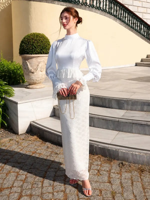 Long Sleeve Lace Maxi Evening Dress with Peplum — Beyaz