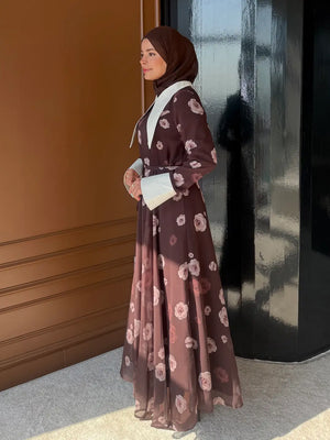 Long Sleeve Floral Maxi Dress with Contrast Collar & Tie Belt — Kahverengi