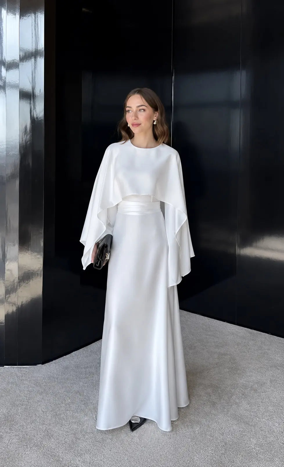 Flowing Maxi Dress with Cape Overlay — Beyaz