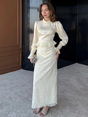Long Sleeve Lace Maxi Evening Dress with Peplum — Limon Sarısı