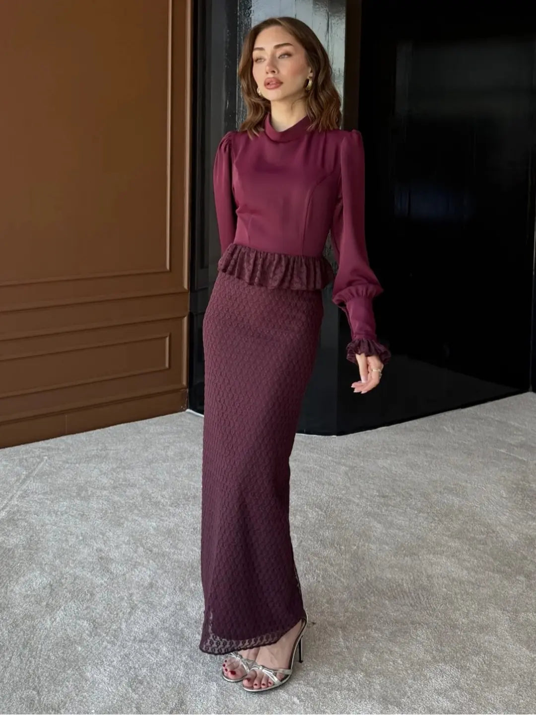 Long Sleeve Lace Maxi Evening Dress with Peplum — Bordo