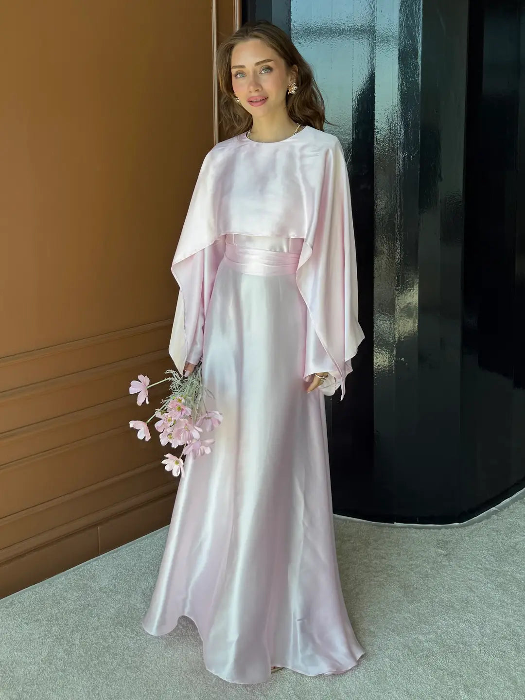 Flowing Maxi Dress with Cape Overlay — Toz Pembe